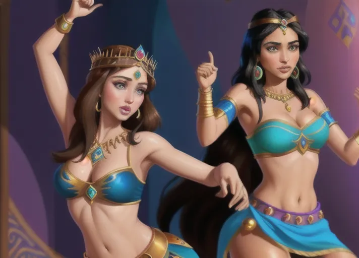 tan skinned black haired Arabic Princess Jasmine of Agrabah teaches her friend the beautiful Nordic auburn haired blue eyed Queen Anna of Arendelle portrayed by Elizabeth Lail how to belly dance. photorealistic. <lora:dpmg_snake_coiling:1>