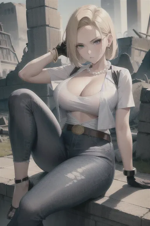best quality, highres, and18, 1girl, android 18, solo, blonde hair, large brown eyes, belt, jeans, pearl_necklace, bracelet, black gloves, white shirt, short hair, short sleeves, earrings, blue pants, open vest, black vest, large breasts, <lora:dpmg_android_18:0.5>, (ruins:1.3), sitting, pouting, crossed legs, chubby, thick thighs