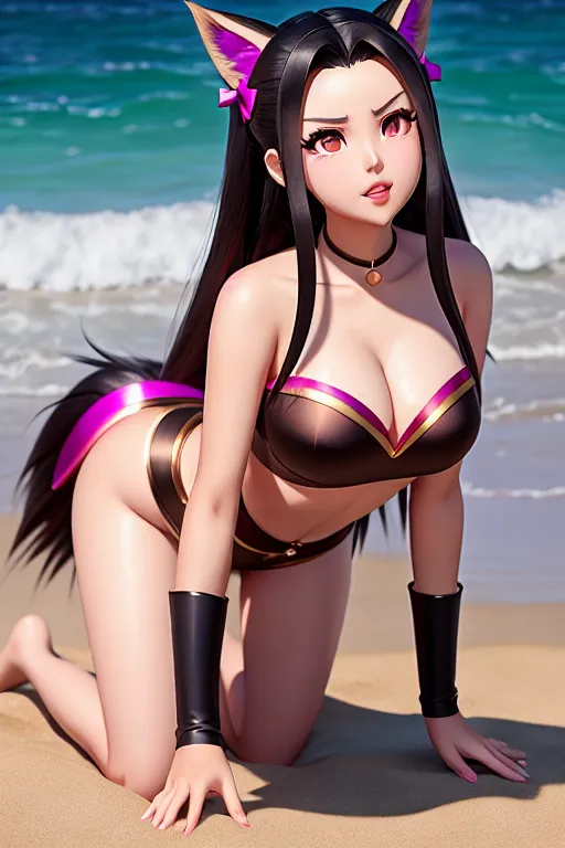 a concept art of,nezuko kamado,wearing lol ahri cosplay,all-fours,on the beach,five fingers per hand,silky hair,beautiful face,beautiful lips,brown eyes,curved eyebrows,curved eyelid,textured skin,romantic,wearing golden ring,8k,bokeh,studio lighting,sharp focus,professional