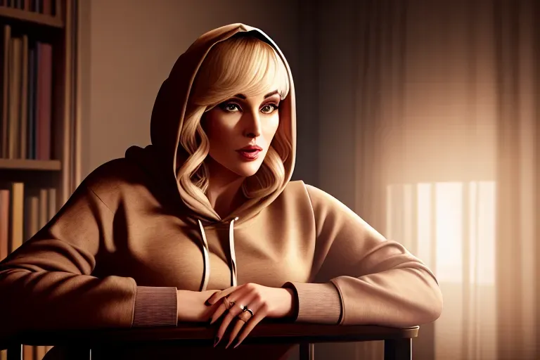 a illustration of, caroline ellison, getting raped from behind wearing hoodie, sitting in a chair, at the library, five slender fingers, wavy curtain bang, beautiful face, beautiful lips, curved eyebrows, wearing golden ring, studio lighting, ultra realistic, highly detailed, 8k, editorial