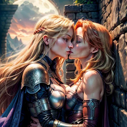 (Ultra realistic illustration:1.2), High fantasy setting, (portrait of blonde Olivia Wilde and redhead Dina Meyer:1.4), wearing leather and metal armour, sexy clothes in blue and purple colours, long cape, (small breasts:1.2), cleavage, erect nipples, toned and slim body, abs, slender arms, narrow waist,
(very beautiful face:1.2), (very beautiful eyes:1.2), (Olivia Wilde is pressed against a wall and arms pinned above head:1.2), (kissing passionately:1.4), (french kissing:1.2), sexy pose, erotic smile, (holding dagger or sword:0.8), looking at the viewer, nsfw, view from afar, (frame with face and upper body:1.2),
castle on a cliff in a forest by a lake, night, setting lit up by strong moon light,
two arms, two hands, five fingers, (detailed fingers:1.2), two legs, two feet, remove third hand, check eye configuration, (check hand congifuration:1.2),
<lora:dpmg_add_detail:1.2>, vivid colors, cinematic composition, artificial light, UHD, HDR, highest quality, highest resolution, (photorealist), (photorealism), (masterpiece:1.2)