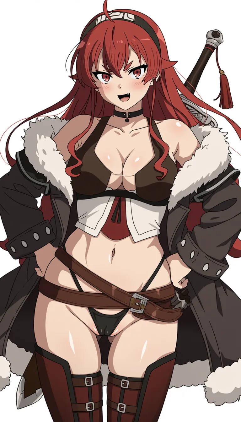 1girl, eris greyrat, mushoku tensei,
score 7, ultra detailed, fair skin, high contrast, solo, long hair, breasts, looking at viewer, blush, smile, open mouth, simple background, large breasts, long sleeves, white background, red eyes, navel, hair between eyes, cleavage, bare shoulders, standing, underwear, jacket, collarbone, panties, ahoge, weapon, thighs, :d, cowboy shot, red hair, hairband, open clothes, choker, belt, fang, sword, stomach, off shoulder, open jacket, fur trim, black choker, skindentation, highleg, cameltoe, ass visible through thighs, thick eyebrows, thigh gap, black hairband, eyepatch, tassel, sheath, crossed bangs, hands on own hips, sheathed, fur-trimmed jacket, brown belt, highleg panties, partially visible vulva, fur-trimmed coat, weapon on back,
The character stands with a confident, slightly mischievous expression, her long red hair cascading over her shoulders. She wears a revealing outfit consisting of a white and black top that exposes her midriff and large breasts, paired with a fur-lined jacket draped over her arms. A brown belt cinches her waist, and she wears thigh-high boots with straps. Her red eyes are sharp and intense, framed by the dark hair and a headband with small horns.
best quality, score_9, very aesthetic, sensitive, explicit