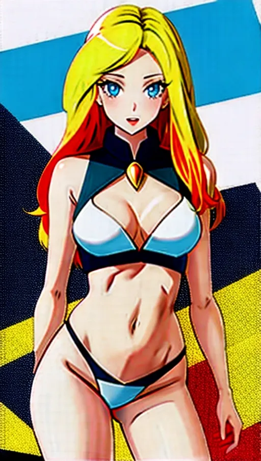 NSFW pos, 1girl, beautiful female, adult, 25, Hourglass Figure, Standing, Long Straight hair, Detailed Pupils, (Pubic Hair:0.8), Happy Trail, White Bikini, Style of Roy Lichtenstein, Pop Art