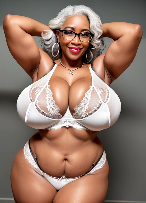belly button
lace bra
old lady
voluptuous humongous breast
ebony girl
hands behind head
white tank top
huge nipples
lingerie
curvy
gray hair
huge cleavage
eyeglasses
smile
