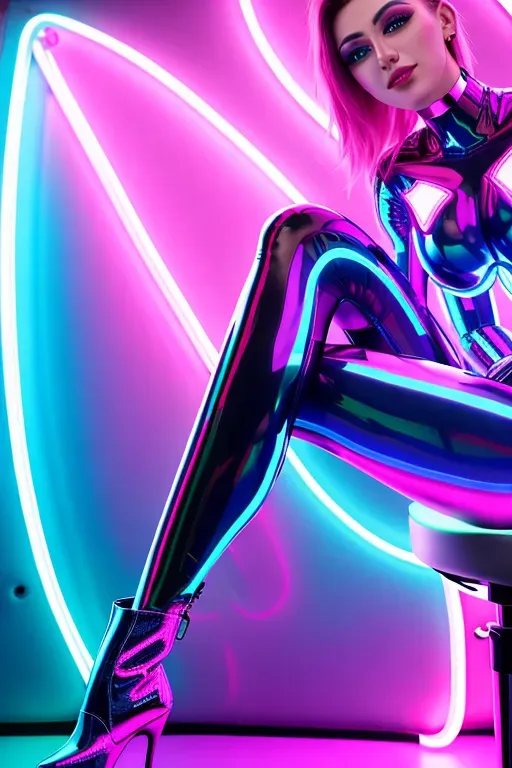 closeup, 18 year old, young, insanely beautiful, holographic, studio, daytime, neon lights, happy, 8k, professional latex, boots, brightlight, neon, collar, bdsm,