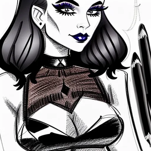 sketch of beautiful goth girl taking selfie, pencil sketch on lined paper, art, rapid pencil sketch, guide lines visible, no shading, pencil sketch of woman, pencil sketch of goth, realistic drawing, true to life, lined paper sketch,