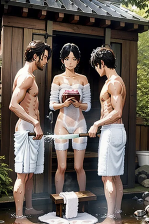 naked woman being washed by two men with ((soapy washcloths)), lather
