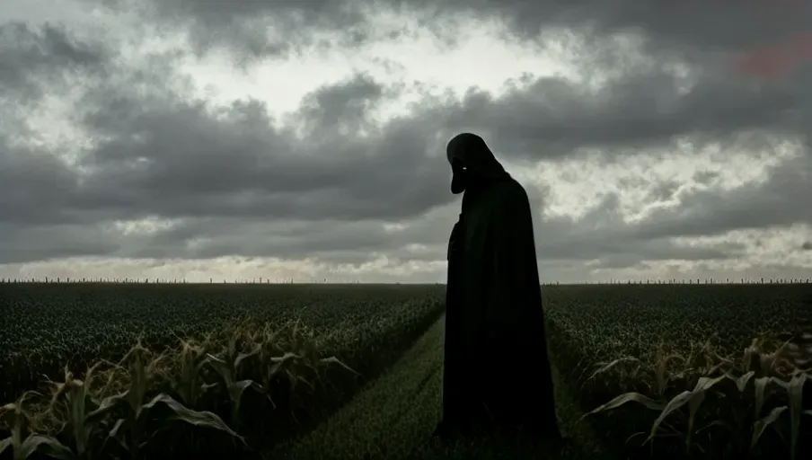 grim reaper,no face, corn field, corn growing, gloomy sky
