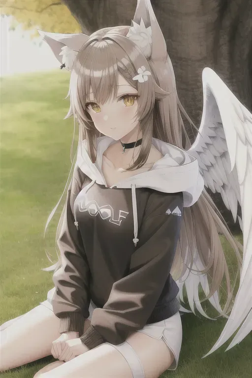 Dopamine Girl - High Quality, Detailed, Anime Girl, Wolf Ears, White Wolf  Tail, Angel Wings, Cute, Brown Hair , Hoodie, Sitting In A Blossom Tree, 2  Wings On Back, Hair Clip, Shorts,