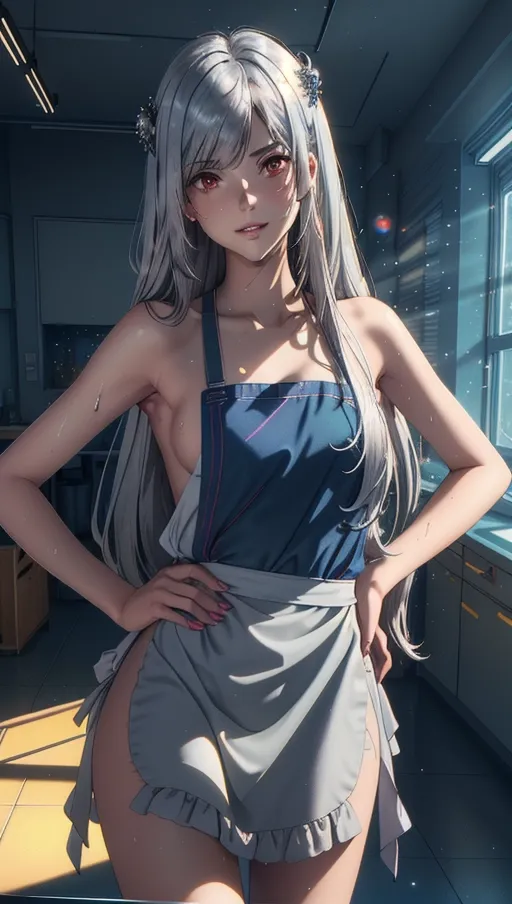 (Best quality, single frame image), (super colorful soft vanilla portrait of young_woman with hands on hip), (long messy silver hair with hair_ornaments and sideways_fringe, naked-apron:1.2),
(correct anatomy, slender and toned), (large red eyes looking at viewer:1.08), (close up view of cute western face with arrogant expression:1.15), beautiful thin lips (smiling smugly showing teeth:1.12),
Energetic and seductive, (colour explosion in a dreamy and faded landscape, dynamic colours with modern indoor apartment cityscape:1.25), hyperrealistic skin (glistening with sweat:1.2),
soft focus, sharp and clear image, (flat shading stylised colorful art:1.07), <lora:dpmg_add_detail:0.25>, (physically based ray-tracing, photon mapping, soft lighting:1.3), (high resolution masterpiece), cute round face,