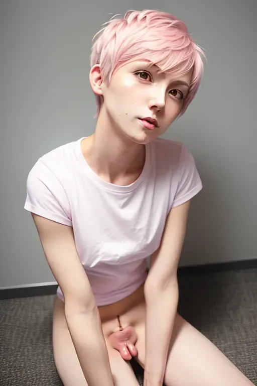 Trans woman, feminine, thin, short pink hair, small tits, white tee shirt, has erect penis pointing upward, lower half naked, precum dripping from the penis, sitting on floor, legs spread open