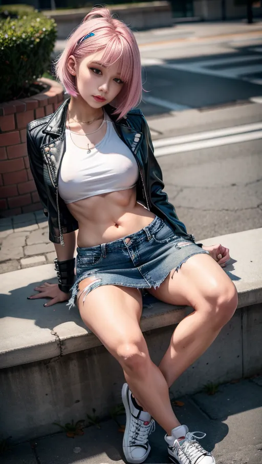 (Hypnotized), female, regular build, small waist, full hips, drugged beauty, 18 yo, (medium perky breasts:1.6), pale skin, erotic facial features, curved eyelids, Real looking face, ( pink bob side bang hair, messy hair), highly detailed face, blank expression, looking at viewer,
afternoon, sitting on bench at side of alley, ((( wearing emo leather jacket, torn white cropped top, ripped jeans mini skirt, trainers shoes))), low light, (best quality), <lora:dpmg_add_detail:0.5>, beautiful,(high resolution), (((masterpiece))), (uhd), (8k)