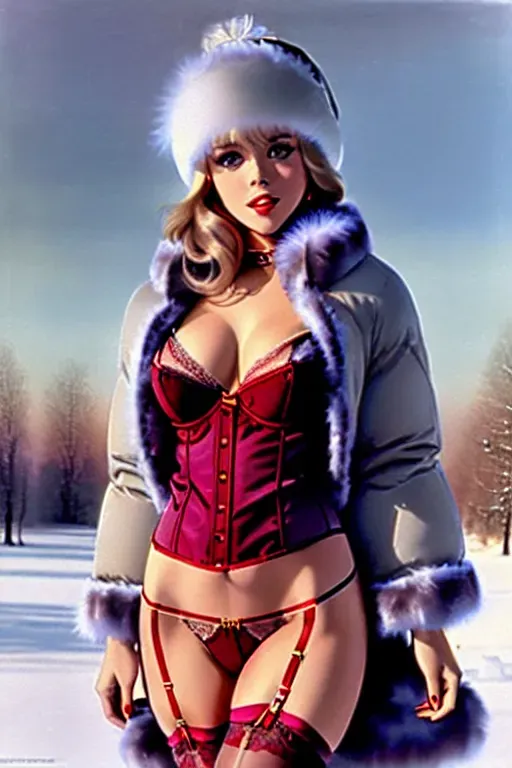 A ((colour)) painting of a young Jane Fonda ,((((wearing winter outfit)))),((((posing and revealing lingerie)))),(((full body and legs visible))) ((detailed hair features)),((detailed facial features)),((((looking at the camera)))),(beautiful lips),(detailed body features),(detailed arms features),textured skin,(((winter landscape)))