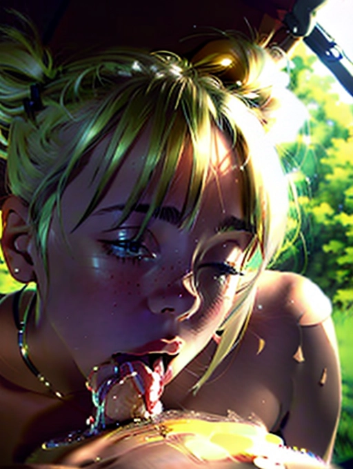 An accurate photo of, Alex Luciano, from diet cig band, blonde twin bun hair, naked, cute face, button nose, medium large boobs, blushing, fit, smirk, horny look on face, eyes full of lust, laying down, sexy pose, masturbating, camping at night, in a tent, dark outside, night time, 2500k lighting, looking at viewer, laying down, fingering vagina, face in pleasure, drooling, ((trying to escape)), sex against her will, screaming for help, (full body in view), <lora:KpxWkLqox25_Billie:1>, <lora:dpmg_licking:1>, <lora:headpat:1>