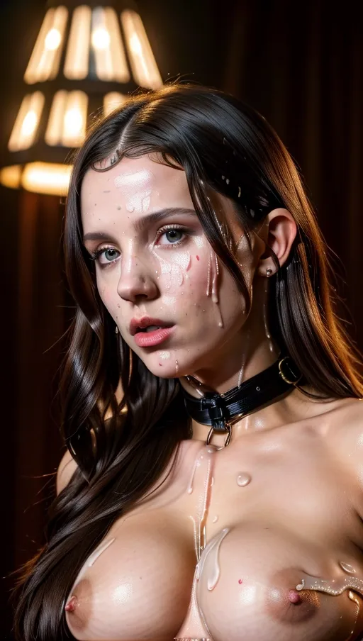 A 8k resolution photo shot of,a 25 years old millie bobby brown, stocking, lingeries, big boobs,(((bondage))), (((sexy stripper))) , by night, topless, huge boobs, ((revealing two boobs out)),((perfectly nipples placement)),((detailed hair features)),((detailed facial features)),((detailed body features)),((detailed arms features)),(textured skin),((beautiful lips)),((highly detailed)),((8k resolution photo shot)), erotic shot, ((((cum all over her body)))),(((cum on her face)))