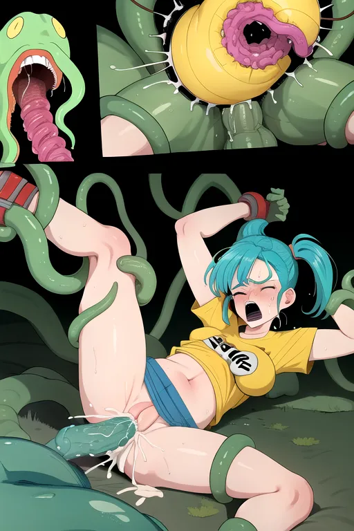 Bulma having sex with alien tentacles, tentacles are coming out of magic portal, torn yellow clothing, sneakers, shirt ripped open, eyes closed, furrowed brow, orgasm face, laboratory background, vaginal sex, rough sex, squirting cum, tentacle sex, limbs restrained,