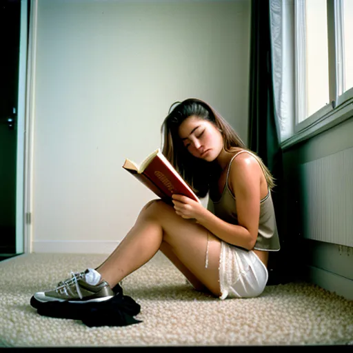 8k, raw photo, masterpiece, Street style photo, disposable camera photograph, large film grain, high contrast, Flash photography, Bad photography, Taken at night, low_light, 1990s,
A girl with imperfect skin,
Looking bored, sitting on the floor reading a book,
tank-top and underwear, Disheveled, dressed casually,
Generic white-walled apartment, Grungy beige carpet,
Sliver movie, natural lighting, shot on Agfa Vista 200 --ar 9:16 --v 5
