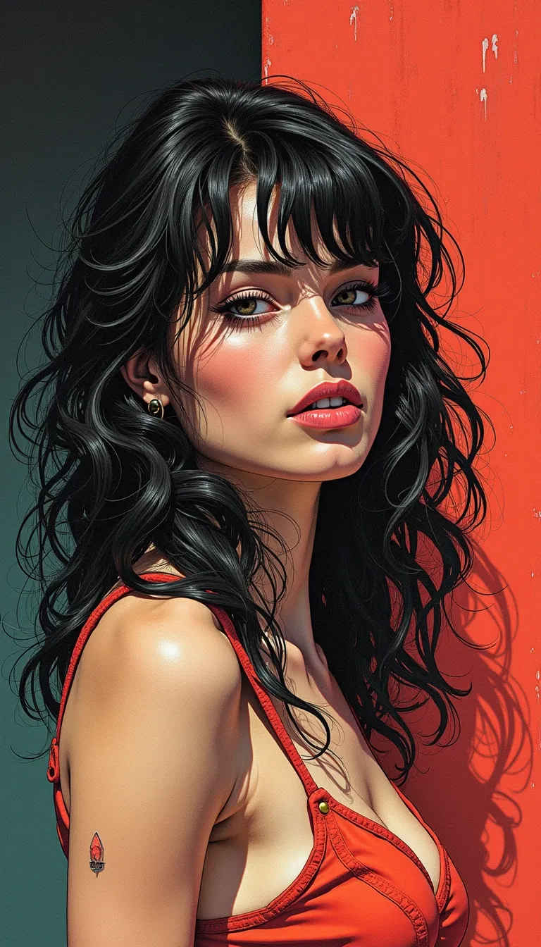photorealistic and surrealistic film in a comic illustrations style by Mike Deodato, (interesting unique diverse complex character design that is a woman:1.2), (photorealistic detailed face:1.1), (classic stereotypical over tuned retro comics body shape and anatomy),
big variation of colors , smooth pencil brush to create a composition of vivid colors, thick black outlines, flat shading, minimal highlights ,interesting detailed Foreground and background depth are clear giving visual complexity to the scene