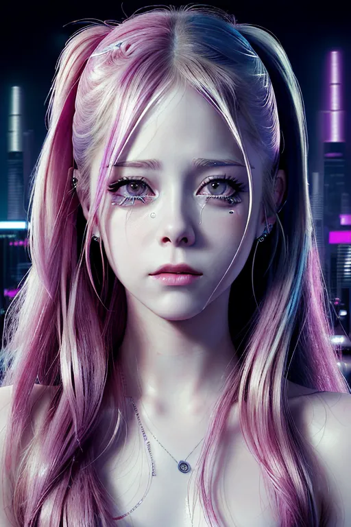 Avril Lavigne, naked, perfect face, high quality face, 64k, cyberpunk, running mascara, crying, perfect upper body portrait, body modification,