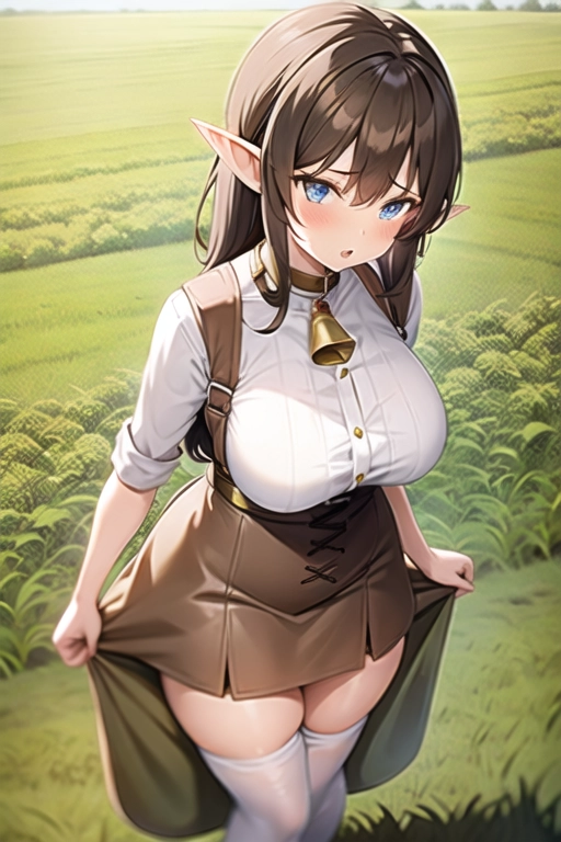 1girl, elf girl, brown hair, hot, cute, sexy, large breasts, fully clothed, milk maid, (((farm girl clothes))), medieval village, (((grassy field))), standing, mean face, adult face