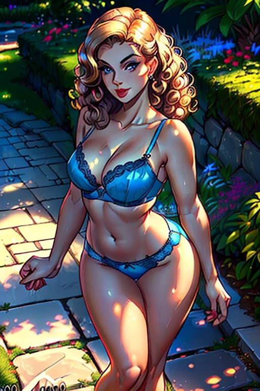 1950s, house mom, milf, beautiful, medium golden curly hair, dark eyebrows, cute blue eyes, concave nose, full lush lips, cute chin, soft and curvy build, small perky breasts, thin waist, thicc ass, full thighs, smooth legs, cute feet, wavy see through gown, 50s bra and panties, walking in midst a garden alone, noontime, ((high definition)), ((4k quality)), ((excellent lighting)), ((great shading)), ((pristine detail)), ((really clear picture)), ((beautiful vibrant colors)), ((accurate at lower prompt guidence)), ((ultra realistic)), (((five fingers per hand))), (((two arms per person))), (((two legs per person))), (((two hands per person))), (((two feet per person))), ((((100 percent according to prompt))))