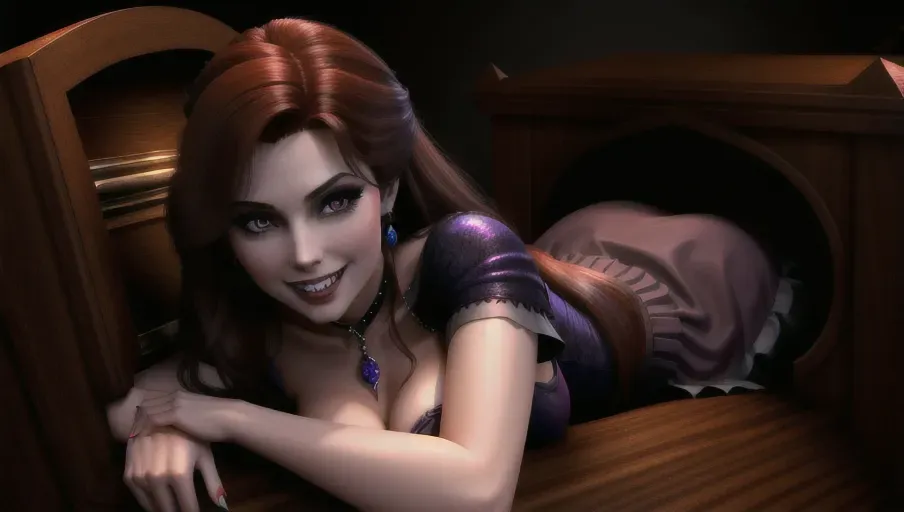 in a dark and foggy castle crypt. laying in a coffin, pretending to be a vampire with prominent fangs and a sweet alluring smile, the beautiful auburn haired Anna of Arendelle.
photorealistic. High resolution