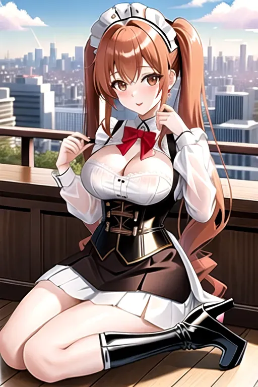 long ginger hair, brown eyes, pale skin, giant breasts, white maid uniform, showing cleavage, bedroom, pov, looking at viewer, miniskirt, corset, high heels, overlooking city, 4k, 25 years old, full body photo, pigtails