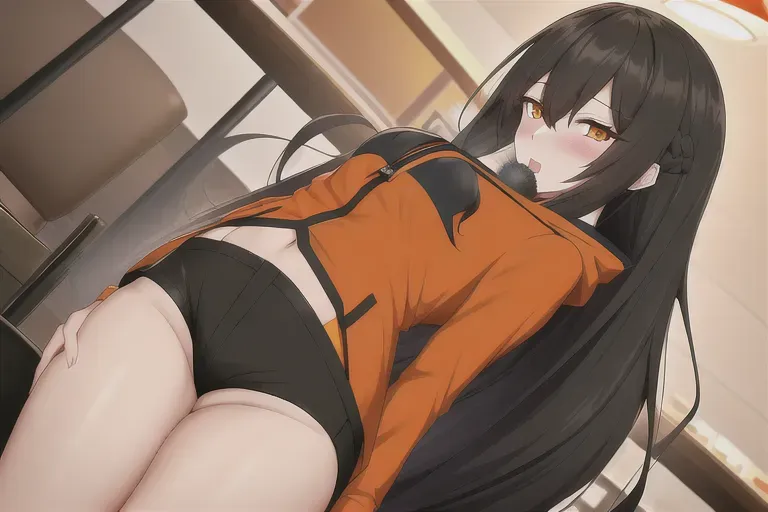Hentai art of girl masturbating in public coffee shop in secret. Black long hair,orange hoodie,black shorts,people on background
