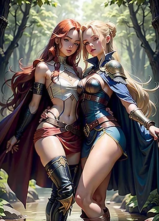 High fantasy setting (Dungeons and Dragons), castle on a cliff in a forest by a lake,
two women wearing leather and metal armour, women look like Olivia Wilde (wild blonde hair) and Dina Meyer (short red hair), wearing sexy clothes in blue and purple (long cape) (skirt reaching knees) (high leather boots), medium breasts, cleavage, midrif, toned and slim body, abs, slender arms and legs, small ass, narrow waist,
looking sexy with a sensual expression, very beautiful face, very beutiful eyes, sexy pose, erotic smile, holding dagger or sword in one hand, looking at the viewer, happy, holding each other and kissing passionately, looking horny and exstatic,
two arms, two hands, five fingers, detailed fingers, two legs, two feet, remove third hand, check eye configuration, check hand congifuration, number of hands, make picture more clear,
<lora:dpmg_add_detail:0.4>, vivid colors, cinematic composition, artificial light, UHD, HDR, highest quality, highest resolution, (photorealist), (photorealism), (masterpiece:0.4)