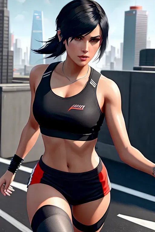 a concept art of, Faith Connors from Mirrors Edge Catalyst, wearing runner clothes, running, over rooftops, small breasts, five fingers per hand, short straight black hair bob hair, charming face, tattoo, beautiful lips,brown eyes,curved eyebrows,textured skin,romantic,bokeh,artstation,surreal,sharp focus,editorial