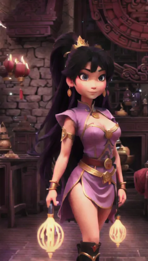 Full body portrait of a purple-clad chinese sorceress with long black hair, casting magical bright shining electricity balls in each hand, thick chinese eyeliner, wearing a pointy golden tiara in the style of Lady Libertys tiara, black rope belt, black knee-high socks, spears on her back, atmospheric, ponytail, looking seductively at viewer, symmetrical face upright in a powerful pose, book hanging off her belt, sultry