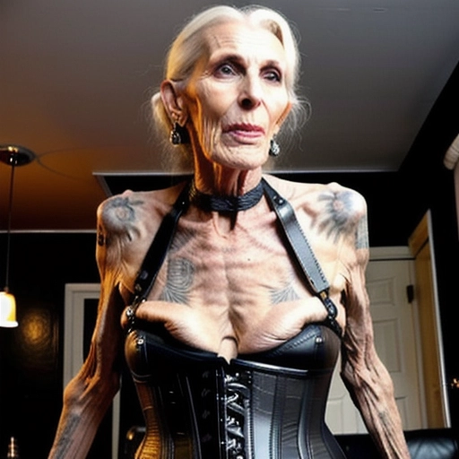 Extremely old and very skinny granny, showing her extremely long hanging cunt lips, very deep age lines and extremely wrinkled loose skin, eyeliner, slave brand on her pussy, long grey hair up in tight and high ponytail, extremely huge hanging fake tits, extra long nipples, wearing a thick leather collar, wearing leather corset, extra wide hips, being used by men