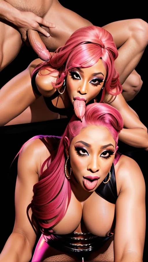 Masterpiece, best quality, Niki Minaj is fucked by orcs while performing on stage, Massive tits, big ass, live performance on stage at night, supermodel, perfect face, detailed facial feature, pink hair, concert spectators cheer as niki Minaj is fucked while singing and performing, cum on tits, cum on face, <lora:dpmg_fucked_from_behind:1>, <lora:dpmg_blowbang:.4>, all cocks are massive and very long, all cocks are green, light show,