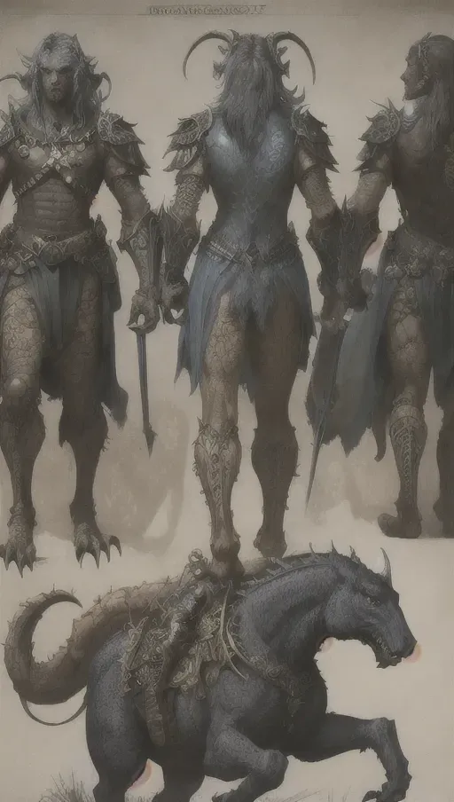 ((8k, high detail, ultra-crisp, high resolution)) character design sheet from artist Edward binkley of a monster riding a creature . ((Medieval bestiary art)) (((multiple arms from video game bestiary art))) realistic animal anatomy (line art)