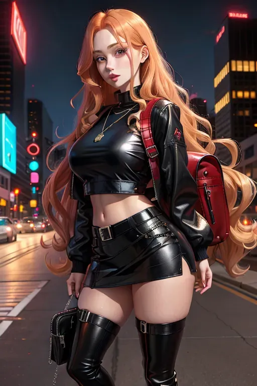 full body, strawberry blonde hair, hazel eyes, short girl, black miniskirt, black high heel boots, looking at viewer, long hair, pale skin, silver necklace, black red crop top, 24 years old, giant breasts, cute face, pov, wavy hair, city environment, Oklahoma City, wide eyes, erotic, skirt tug, leather jacket, nighttime, black backpack