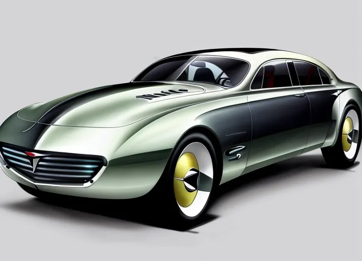 A rendering in airbrush, marker, and colored pencil, of the (full body view) of a sleek sedan concept car styled after cars of the 1940's