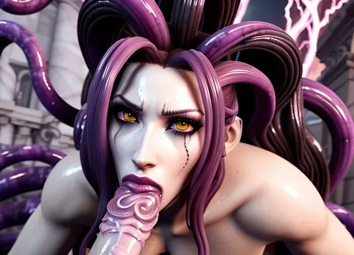 A gorgeous Gorgon sucking the dick of the viewer, hair made of serpents, eyes are glowing, dpmg_pov_blowjob_v1, (viewer is made of pink marble), best quality, masterpiece