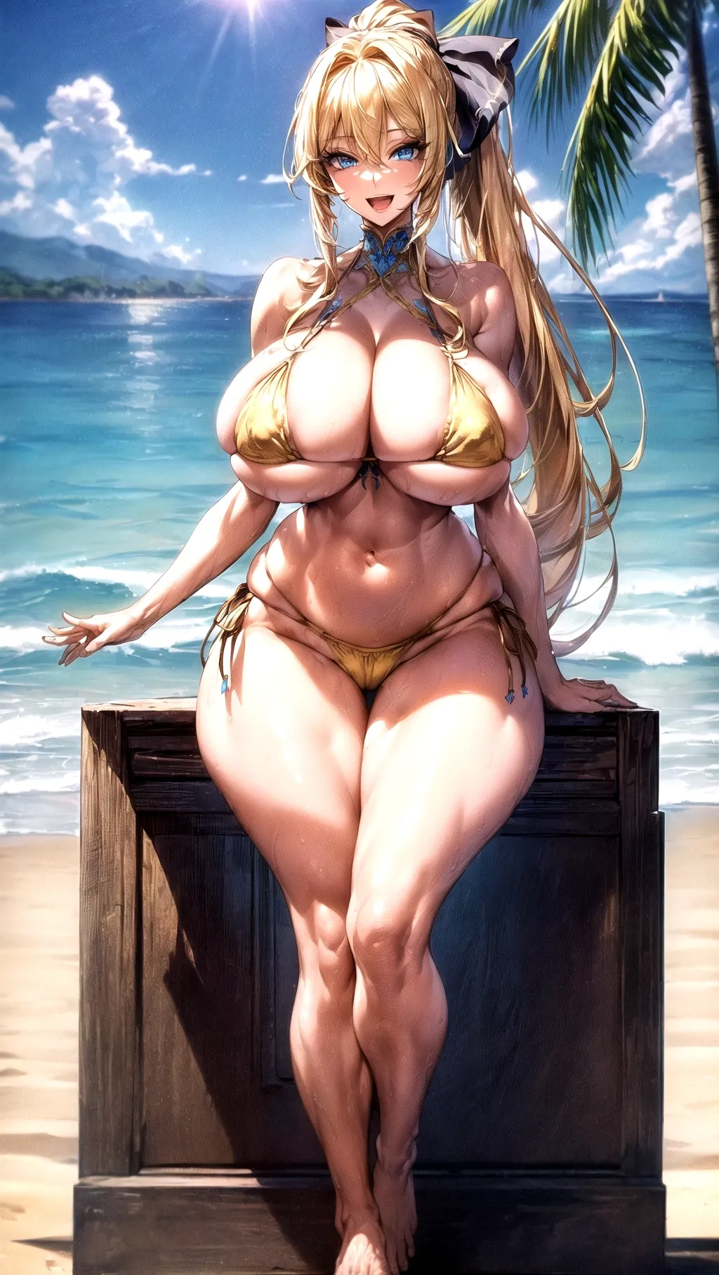 Beautiful, masterpiece, professional, HDR, UHD, (((64K resolution))), cinematic lighting, ((((beach background)))), ((1girl)), full body picture,
An absolutely beautiful woman with an hourglass body wearing a (((thin bikini))), ((extremely happy facial expression)), ((open mouth)), (big smile), short ponytail, hair bow, barefoot, ((huge boobs)), ((thick thighs)), (wide thighs), (((wide hips))), (((absolutely massive breasts))), ((very skinny waist)), (very long eyelashes), golden blonde hair, vibrant blue eyes, very detailed face, <lora:dpmg_add_detail:1.2>,