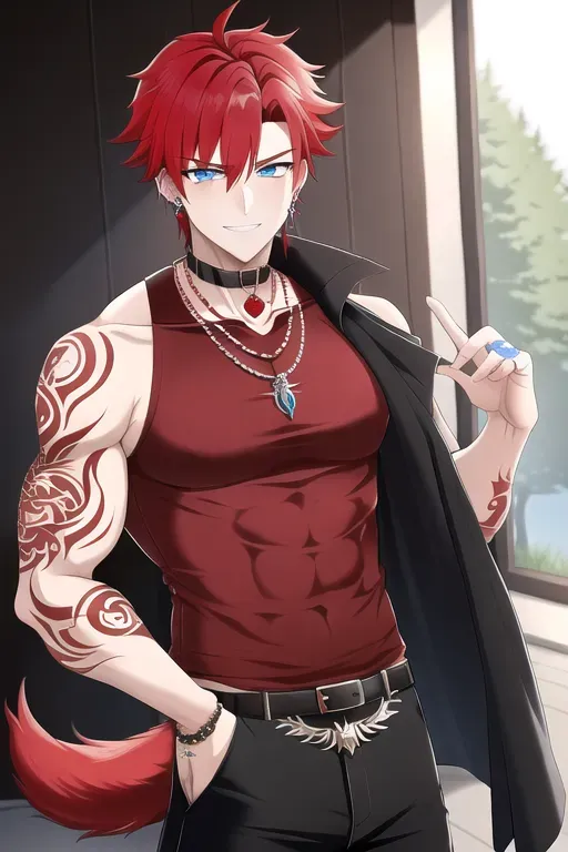 men, red hair, wolf tail, wolf hears, tattoo, necklaces, blue eyes, piercing