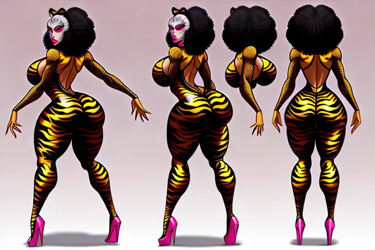 back view, black woman, afro, big ass,
evil, tiger print catsuit, dancing