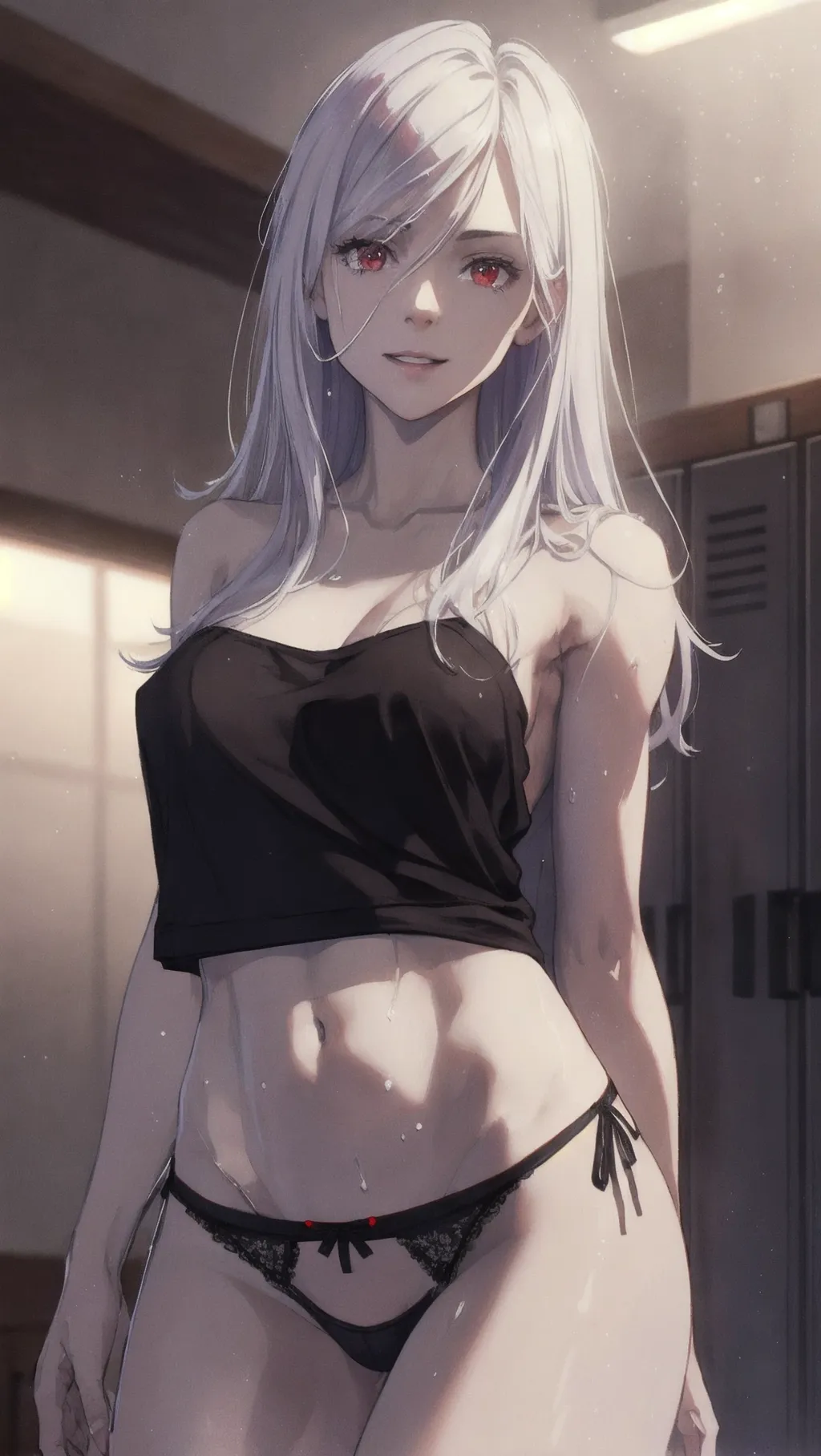 (Best quality), high quality cinematic film, an adult woman, (a erotic portrait of a naked woman changing clothes in a wooden locker room), (white lilac straight volumous free flowing hair with (sideways fringe showing forehead:0.95), topless nude with gym shorts and (panties:1.15) ribbon:1.2),
(correct anatomy in pulling down pants), slender and toned, (beautiful red eyes looking down at viewer), (detailed view of realistic face with arrogant happy expression:1.07), beautiful detailed full lips smiling smugly showing teeth,
ethereal, dark atmosphere, (seductive and dominating, moody dull faded colors in a steamy room:1.2), hyperrealistic wet skin (glistening with sweat:1.2), (alexia midgar from Eminence in shadow with white lilac hair), naked nipples,
soft focus, sharp and clear image, (flat shading stylised colorful art:1.07), <lora:dpmg_add_detail:0.25>, (physically-based ray tracing, photon mapping, photorealistic, low exposure with dark shadows:1.35), (high resolution masterpiece, 4K, HDR, UHD:1.35), (a proud princess with volumous straight free flowing hair changing in wooden locker room pulling down gym shorts to reveal panties:1.2), (pov from below:1.15),