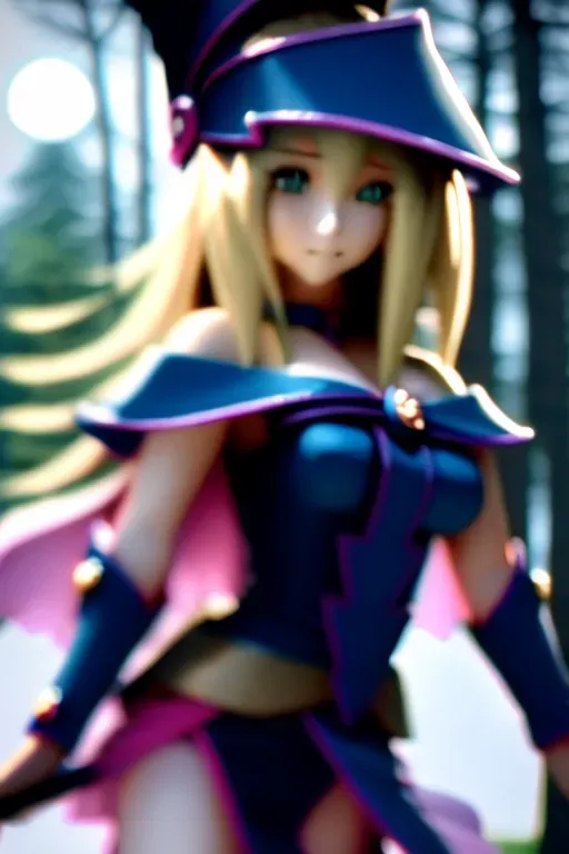 dark magician girl, mksks style, (very detailed background:1.0), (highly detailed background:1.0), masterpiece, best quality, (1girl), solo, (forest), long hair, blonde hair, blue headwear, wizard hat, spell casting, nature, trees:1.2, motion blur, magic, (moonlight:1.2), chromatic aberration, depth of field, soft lighting, highly detailed face, highly detailed eyes, <lora:dpmg_dark_magician:1>