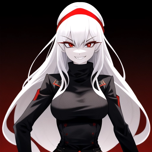 distant shot of a highly detailed slim woman with a sadistic smile, evil face, with dark white hair looking back with bandana, red eyes, black sweater, military pants, and tiny waist, in a bar background