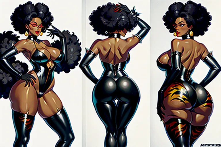 black dominatrix with an afro and big buttocks wearing a tiger print catsuit and feather boa, front and rear view