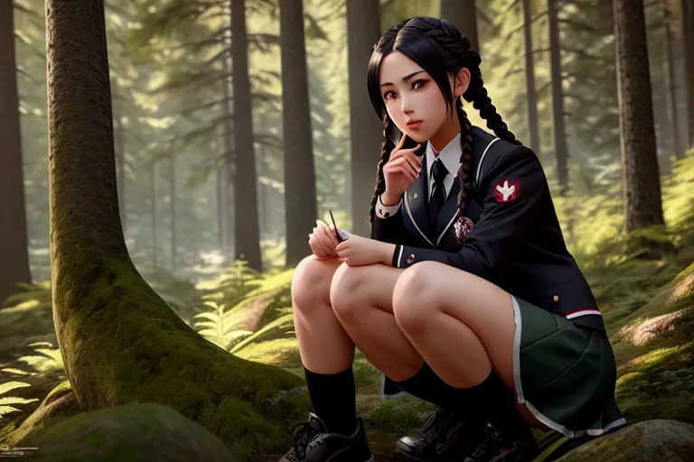 a photo shot of,a canadian girl,wearing japanese high school uniform,sitting,in the forest,big breasts,five slender fingers,braids hair,charming face,beautiful lips,black eyes,curved eyebrows,peaceful,tattoo,unreal engine,smooth,cinematic lighting,ultra realistic,cgsociety