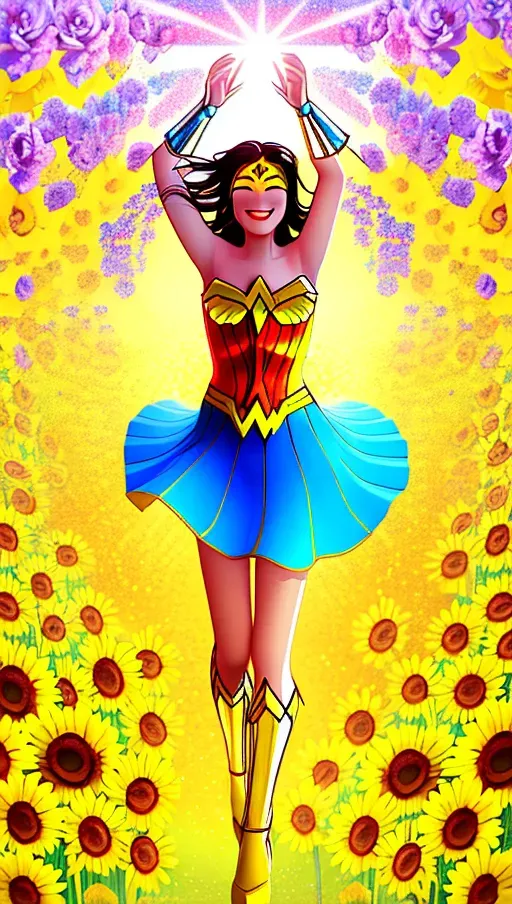 happy illustration of Wonder Woman frolicking through field of roses and sun flowers. The background is sunny and yellow, she has a flowing blue skirt and stiletto high heels, red and gold costume, beautiful art