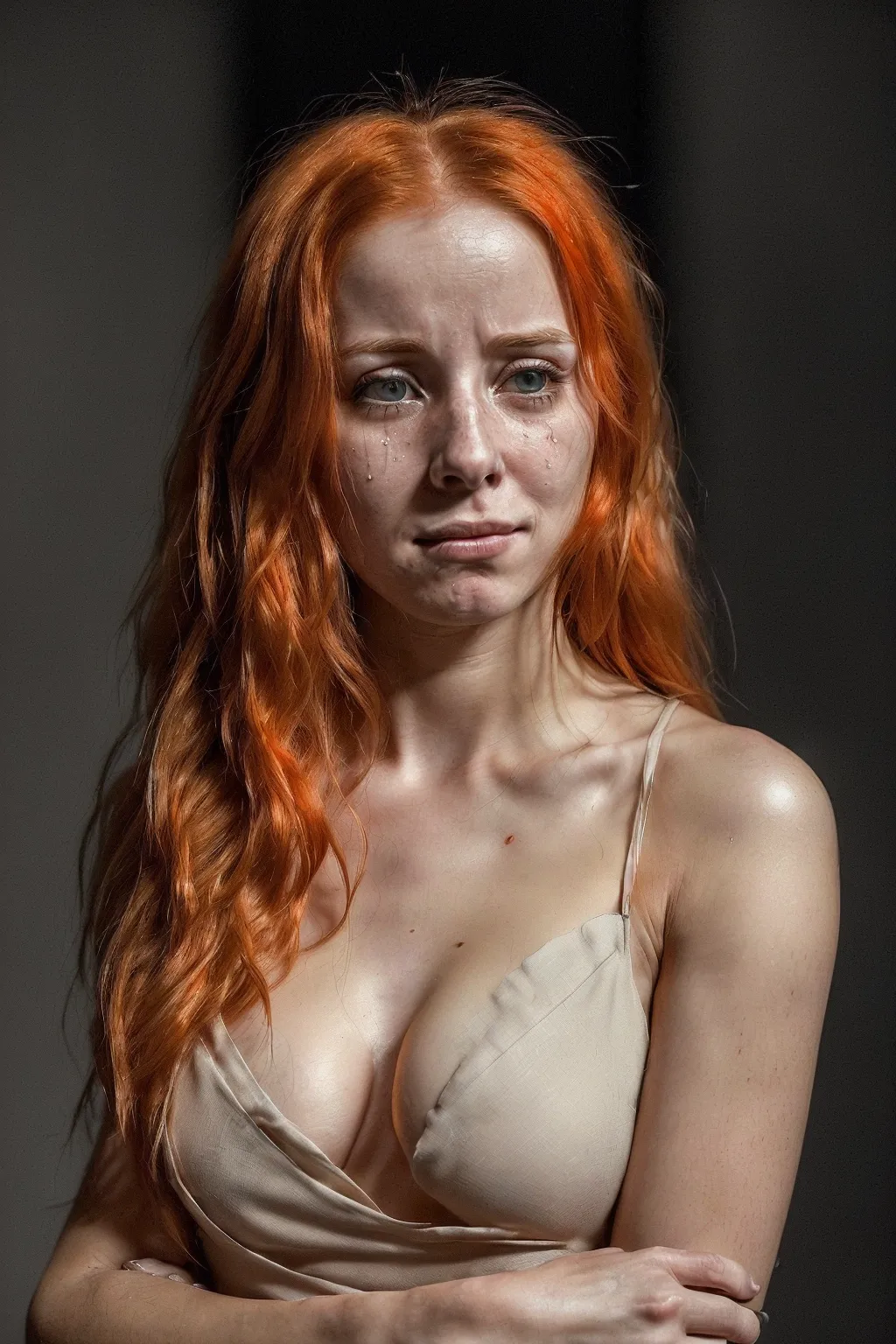 (a highly detailed, photorealistic image) ((of a desperate young woman, 21 years old)) ((orange hair, long and slightly messy)) ((pleading and begging expression)) ((gazing up )) ((her posture showing vulnerability and desperation)) ((eyes filled with emotional intensity, tears welling up)) ((subtle but noticeable attempt to use her charm)) ((slightly parted lips, a pleading smile)) ((body language suggesting she is trying to be seductive yet vulnerable)) ((the young man stands firm, looking conflicted)) ((hands held out slightly, as if hesitating)) ((dark background, with soft lighting highlighting their emotions)) ((the woman is in a revealing outfit, but not overly suggestive, with soft textures of the fabric enhancing her feminine charm)) ((the man wears a casual, modern outfit, more neutral in tone)) ((the overall atmosphere is tense and emotionally charged))