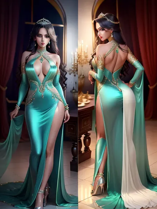 revealing clothes, attractive, luminescent eyes, perfect complexion, seductive, hot, beautiful, perfect skin, alluring, provocative, radiating skin, perfect face, enticing, elegant clothes, sexual gown, regal posture, defined jawline, wearing a tiara, wearing bracelets, ethereal sleeves, revealing, horny, wearing a belt, NSFW, sexual, extremely sexual, flirtatious, extremely nsfw, full and luscious lips, emerald and saphire eyes, diaphanous gown, tight clothes, adorable curved nose,