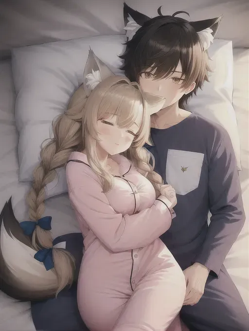 high quality, detailed, anime girl and anime boy fall asleep together under the covers, wolf ears on girl, wolf ears on boy, wolf tail on girl, wolf tail on boy, fluffy ears, fluffy tails, girl is wearing pajamas, boy is wearing pajamas, stay warm, winter, cold, cozy, wide shot, cute, girl is leaning on boys shoulder, girl is asleep, boy is asleep, blanket over both the girl and boy, girl is sleepy, girl has light brown hair with braids, blankets, pillows, cosy, cute