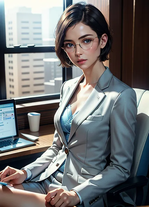 no makeup,natural beauty,(((small firm and perky breasts))),tall,wide hips,athletic build,blue eyes,(((no pubes))),(((wearing smart suit))),(sitting, legs crossed, at a computer,writing code),(((small round wireframe glasses))),erect nipples,(((horny look))),perfect teeth,Masterpiece,perfect edges, ultra realistic, perfect anatomy, realistic skin texture, (soft natural lighting),(soft white glow),short brunette hair with great details,face photorealistic, highly detailed face,highly detailed photorealistic eyes,perfect hands,(highly detailed photorealistic skin),pores